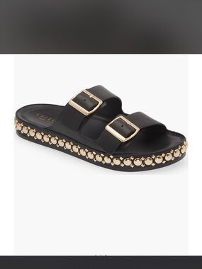 CECELIA NEW YORK Black Leather Slide Sandals with Gold Stud Trim
